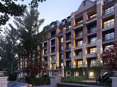 Elegant Multi Story Townhouse With Brick Exterior Balconies Trees And Evening Lights 3d model