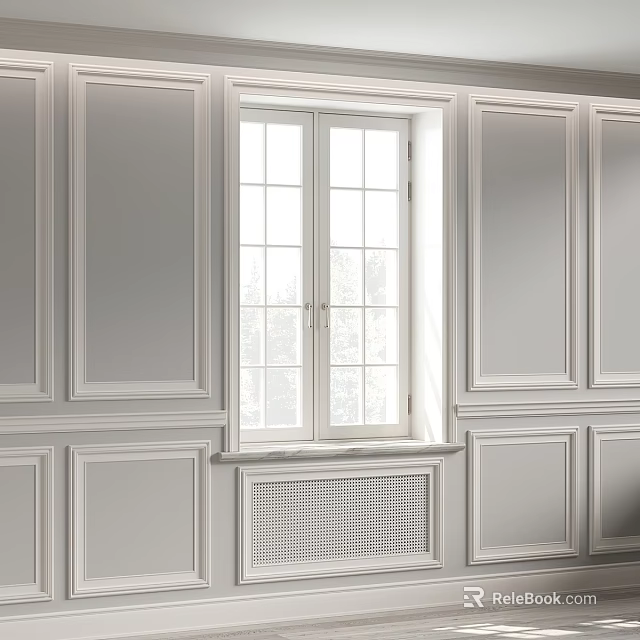 Modern Elegant Casement Window With White Frame In Paneled Wall Interior Design 3d model 