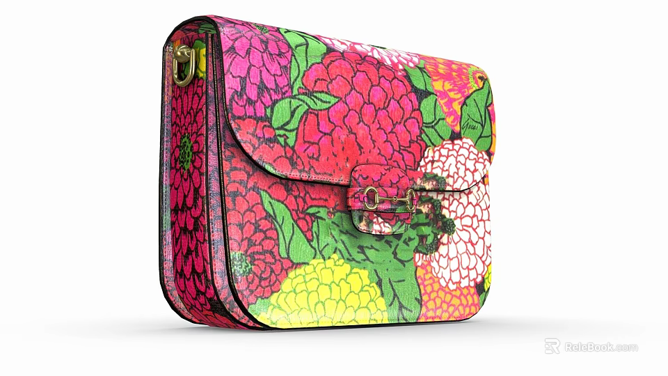 Vibrant Floral Patterned Shoulder Bag With Pink Green Yellow Colors And Metallic Clasp 3d model 