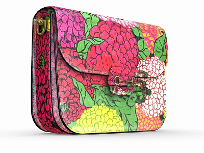 Vibrant Floral Patterned Shoulder Bag With Pink Green Yellow Colors And Metallic Clasp 3d model