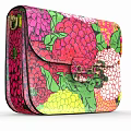 Vibrant Floral Patterned Shoulder Bag With Pink Green Yellow Colors And Metallic Clasp