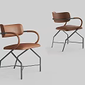 Modern Brown Leather Dining Chairs with Curved Armrests and Metal Frames
