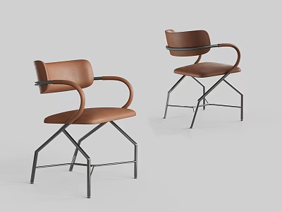Modern Brown Leather Dining Chairs with Curved Armrests and Metal Frames 3d model