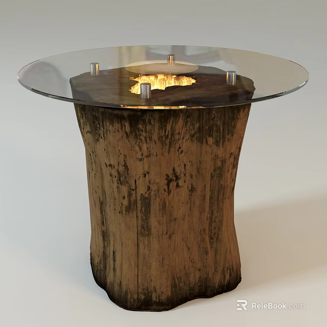 Rustic Natural Dining Table With Round Glass Top And Tree Stump Wooden Base 3d model 