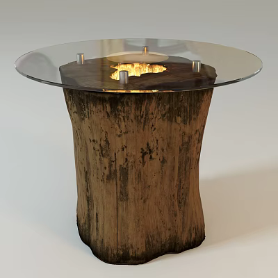 Rustic Natural Dining Table With Round Glass Top And Tree Stump Wooden Base 3d model