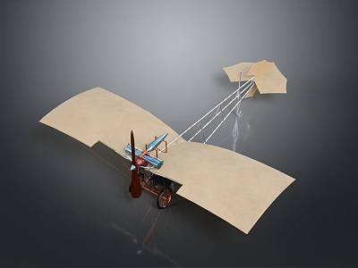 Vintage Biplane Flying Machine Model With Wooden Frame Fabric Wings And Propeller 3d model
