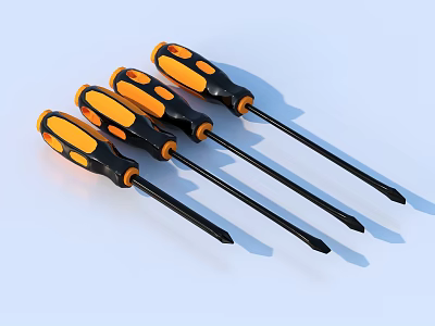 Hardware Tools Four Screwdrivers With Orange And Black Handles Neatly Arranged On Light Blue Background 3d model