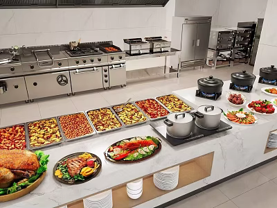Modern Commercial Kitchen With Stainless Steel Cookware And Cooking Appliances On Marble Countertop 3d model
