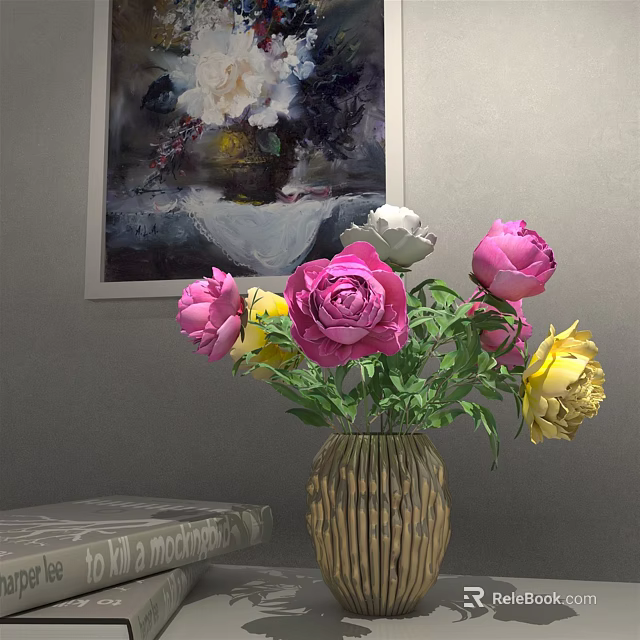 Beautiful Striped Vase With Pink Yellow White Flowers Near Wall Painting And Book 3d model 