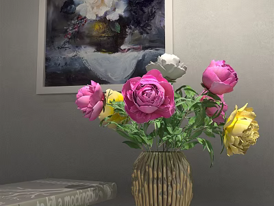 Beautiful Striped Vase With Pink Yellow White Flowers Near Wall Painting And Book 3d model