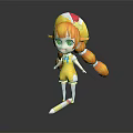 Chibi Style Game Anime Character With Orange Twin Tails Green Eyes Yellow Outfit Hat And Reflective Surface