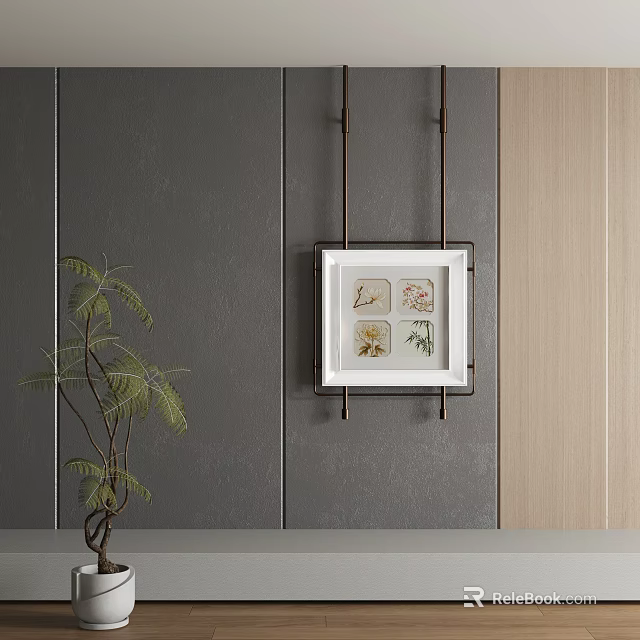 Abstract Painting Four Small Grid Botanical Patterns On Gray Wooden Walls With Potted Plant Nearby 3d model 