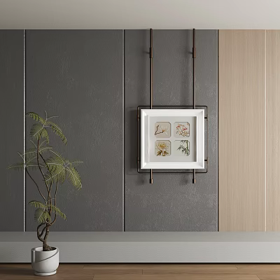 Abstract Painting Four Small Grid Botanical Patterns On Gray Wooden Walls With Potted Plant Nearby 3d model