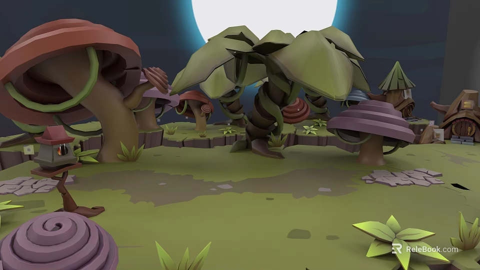 VR Experience Immersive Enchanted Forest with Giant Mushrooms and Moonlit Scenery 3d model 