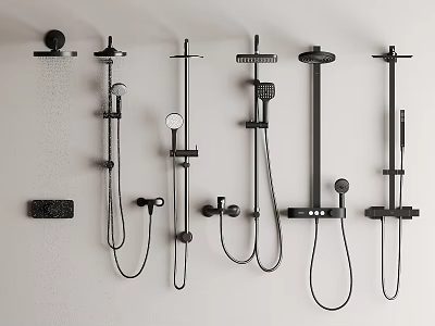 Black Wall Mounted Shower Systems With Various Styles And Fixtures 3d model