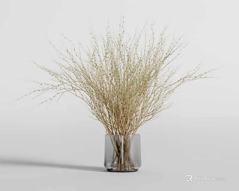 Clear Glass Vase Holding Dried Decorative Twigs On White Minimalist Background 3d model 