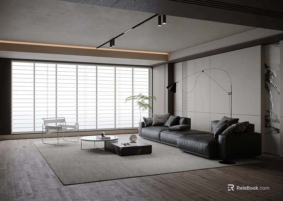 Modern Minimalist Living Room with Black Sofa Coffee Table Set Gray Rug Wooden Floor And Floor Lamp 3d model 