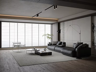 Modern Minimalist Living Room with Black Sofa Coffee Table Set Gray Rug Wooden Floor And Floor Lamp 3d model