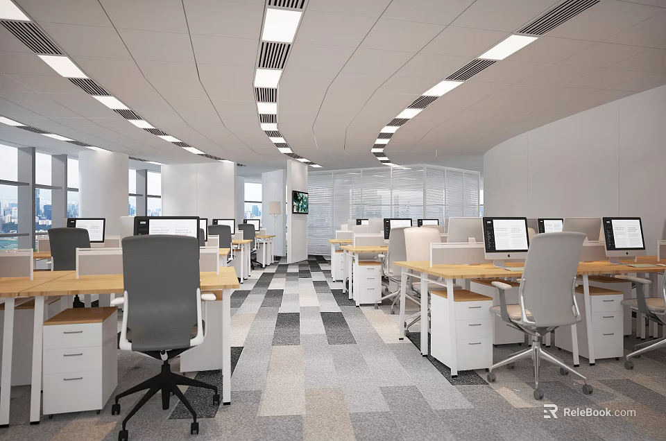 Modern Public Office Space With Workstations Computers Ergonomic Chairs And Bright Lighting 3d model