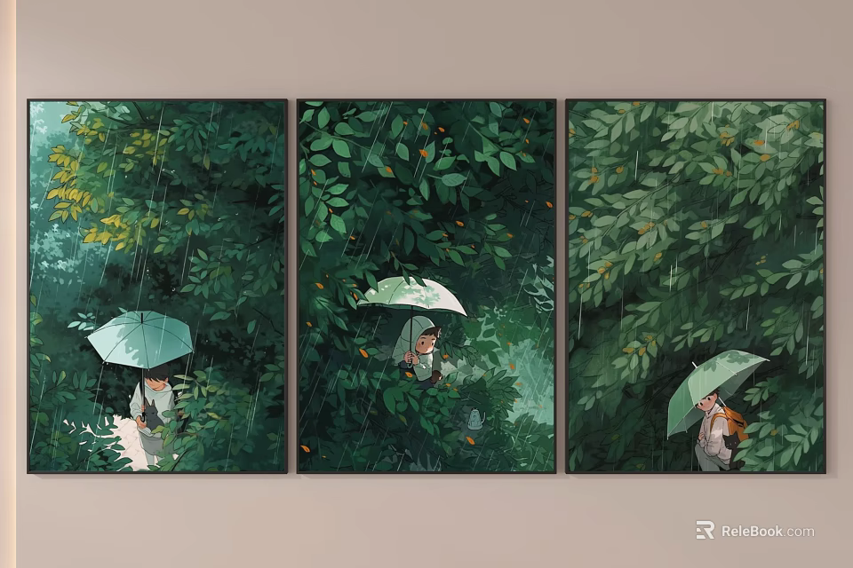Three Panel Triptych Wall Art With Rainy Scene People And Green Leaves 3d model 