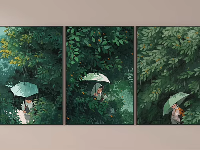 Three Panel Triptych Wall Art With Rainy Scene People And Green Leaves 3d model