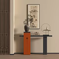 Traditional Chinese Console Table With Bamboo Painting Vase And Bird Ornament On Orange Column