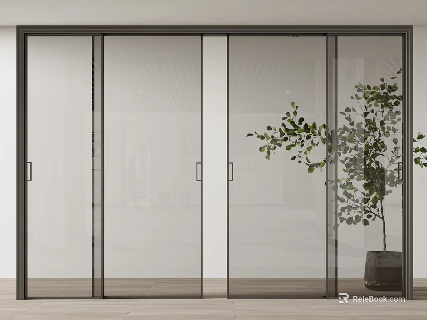 Modern Glass Sliding Doors with Black Frame and Indoor Plant Interior 3d model 