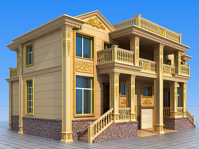 European Style Detached Villa With Beige Exterior Golden Decorations And Stone Steps 3d model