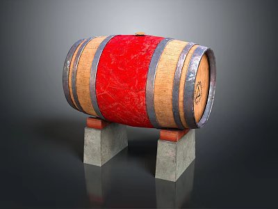 Wooden Wine Barrel with Red Fabric and Metal Hoops on Stone Stands 3d model