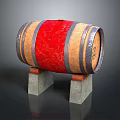 Wooden Wine Barrel with Red Fabric and Metal Hoops on Stone Stands
