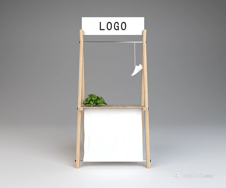 Wooden Display Stand With LOGO Sign Green Plant White Shoe And White Cloth 3d model 