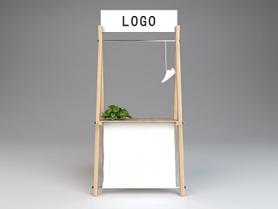 Wooden Display Stand With LOGO Sign Green Plant White Shoe And White Cloth 3d model