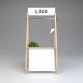Wooden Display Stand With LOGO Sign Green Plant White Shoe And White Cloth