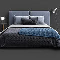 Modern Double Bed With Gray Headboard Multiple Pillows Blue Blanket And Lamp 3d model