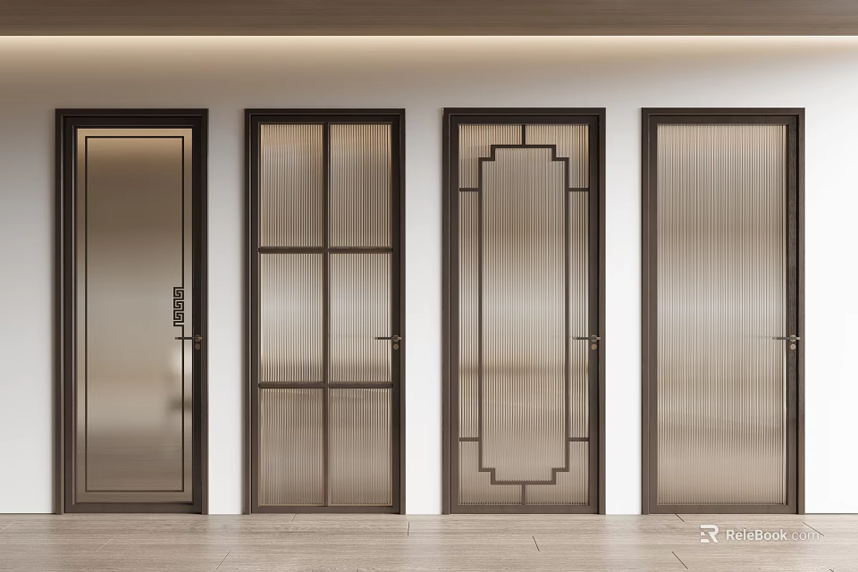 Modern Interior Swing Doors With Various Glass Patterns And Dark Frames 3d model 