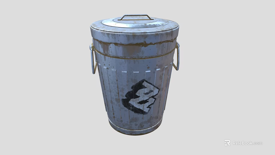Old Metal Trash Can With Lid Handles And Black Graffiti Design 3d model 