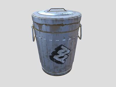 Old Metal Trash Can With Lid Handles And Black Graffiti Design 3d model