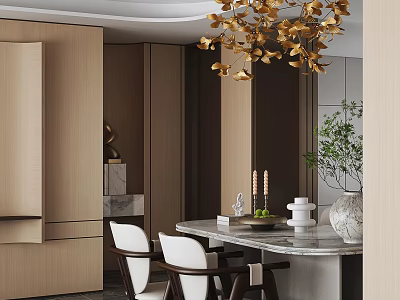 Elegant Modern Restaurant Interior With Marble Dining Table Golden Chandelier And Green Plant Decor 3d model