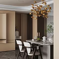 Elegant Modern Restaurant Interior With Marble Dining Table Golden Chandelier And Green Plant Decor
