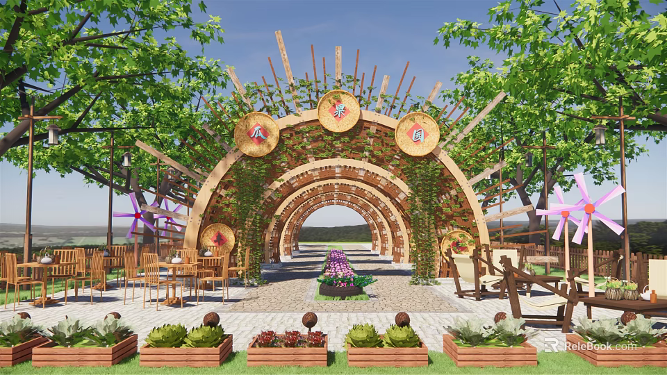 Rural Landscape with Archway Vines Circular Decorations Flower Beds Tables Chairs and Stone Path 3d model 