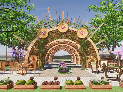 Rural Landscape with Archway Vines Circular Decorations Flower Beds Tables Chairs and Stone Path 3d model