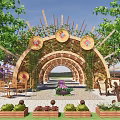 Rural Landscape with Archway Vines Circular Decorations Flower Beds Tables Chairs and Stone Path