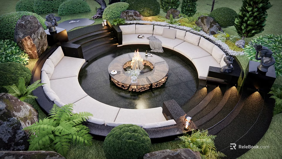 Round Outdoor Sofa With Central Fire Pit In Lush Garden Patio Setting 3d model 