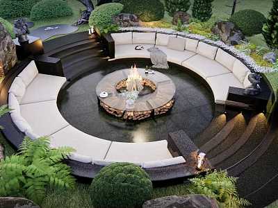 Round Outdoor Sofa With Central Fire Pit In Lush Garden Patio Setting 3d model