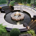 Round Outdoor Sofa With Central Fire Pit In Lush Garden Patio Setting