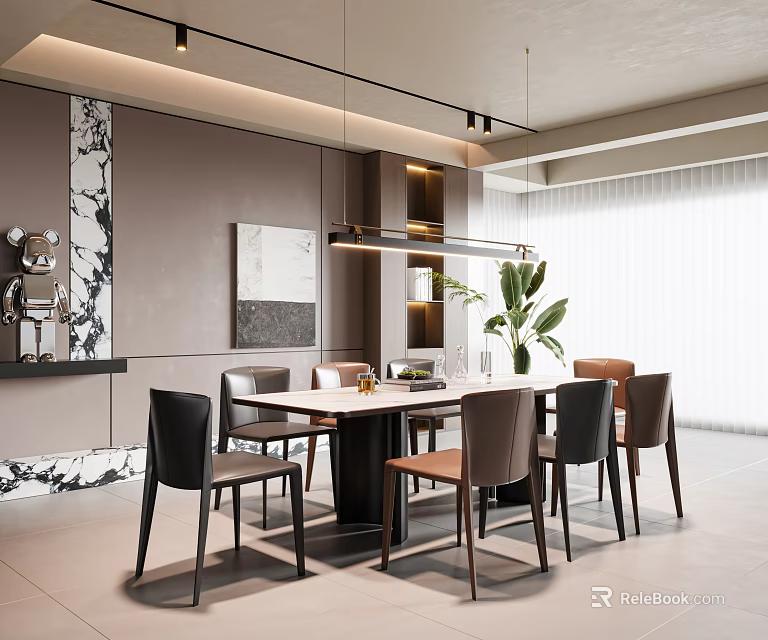 Modern Restaurant Interior Design With Marble Wall Pendant Lights Dining Table And Chairs 3d model 