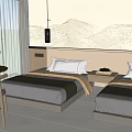 Modern Hotel Guest Room Interior With Twin Beds Mountain Painting Curtains Table And Chair