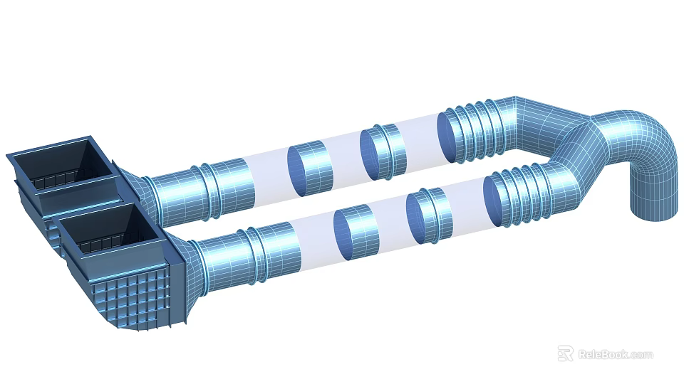 Sturdy Industrial Piping System With Blue Metal Corrugated Sections And Connected Joints 3d model 