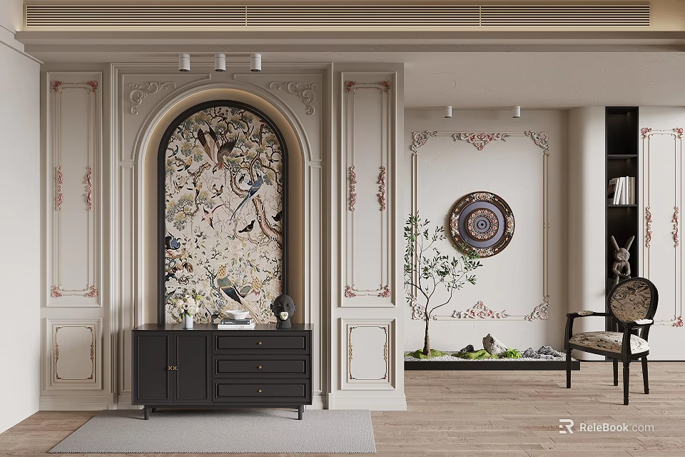 Elegant Entryway Hallway With Arched Decorative Wall Elaborate Patterns Dark Cabinet And Circular Painting 3d model 