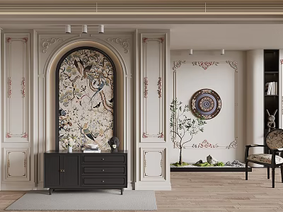 Elegant Entryway Hallway With Arched Decorative Wall Elaborate Patterns Dark Cabinet And Circular Painting 3d model